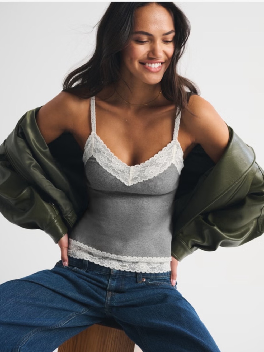 NWT Abercrombie Bra-free Lace-Trim Gray Cami Tank Top - Women's